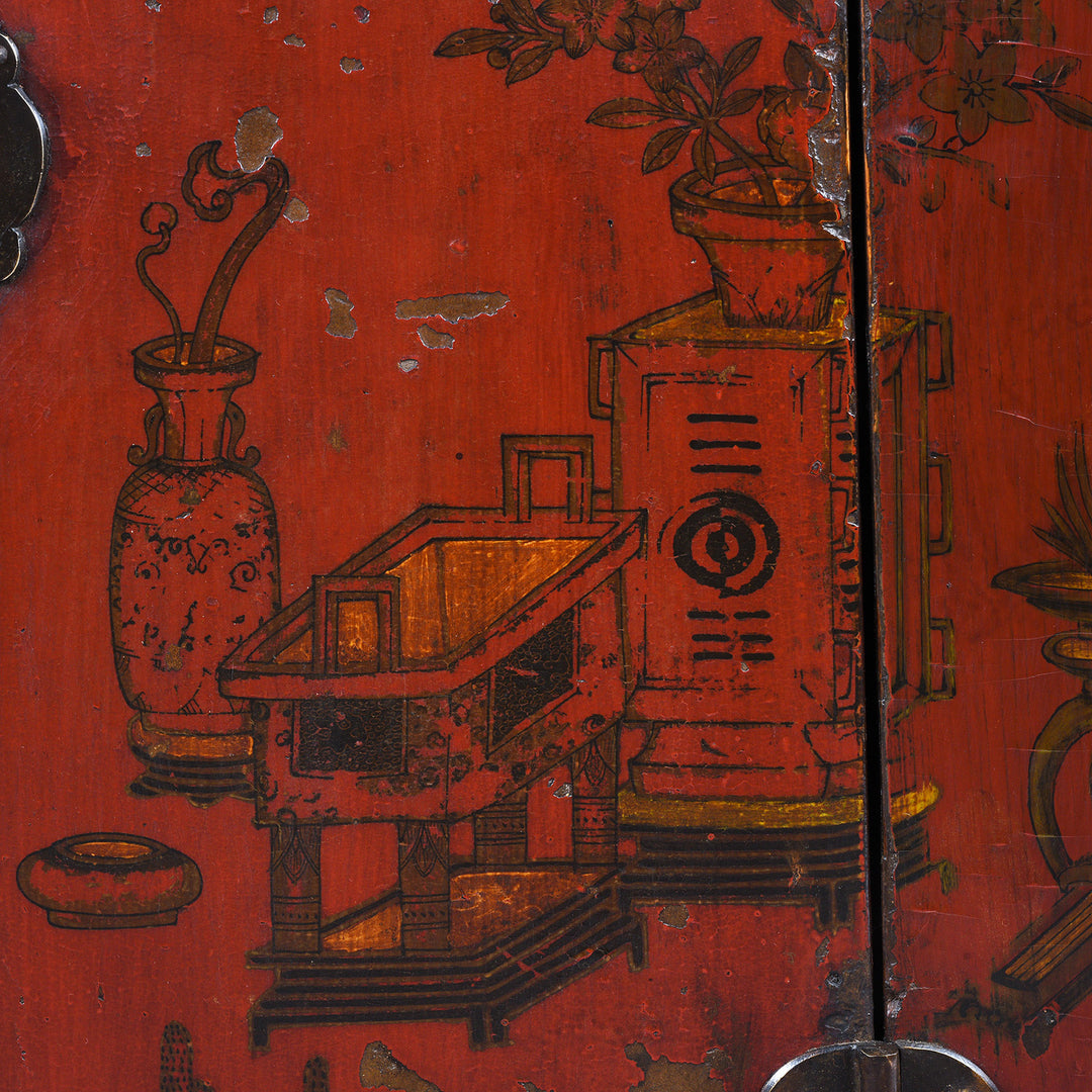 Paintwork Detail From Antique Chinese Red Lacquer Book Cabinet | Indigo Antiques