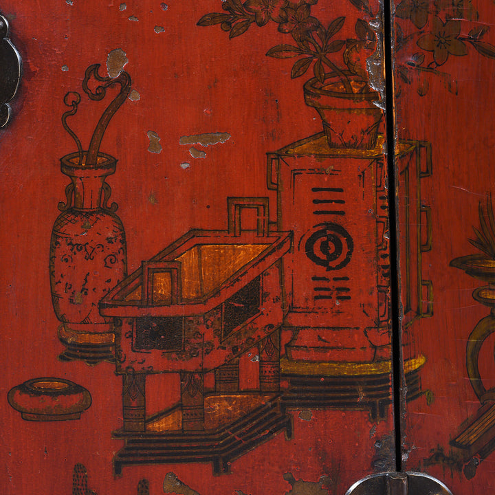 Paintwork Detail From Antique Chinese Red Lacquer Book Cabinet | Indigo Antiques