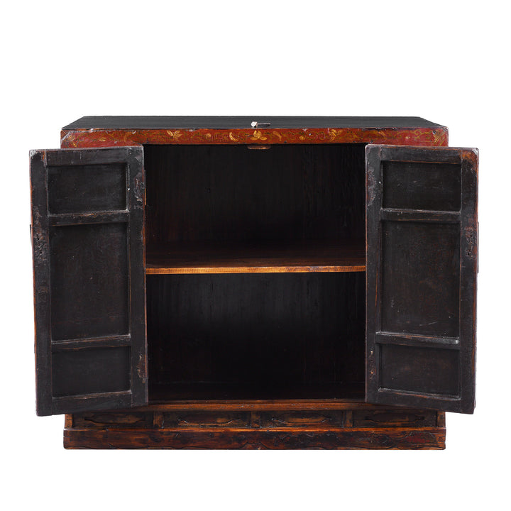 Interkior Of Antique Chinese Red Lacquer Book Cabinet | Indigo Antiques