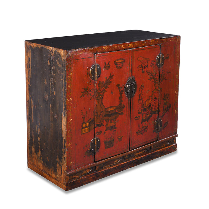 Angled View Of Antique Chinese Red Lacquer Book Cabinet | Indigo Antiques