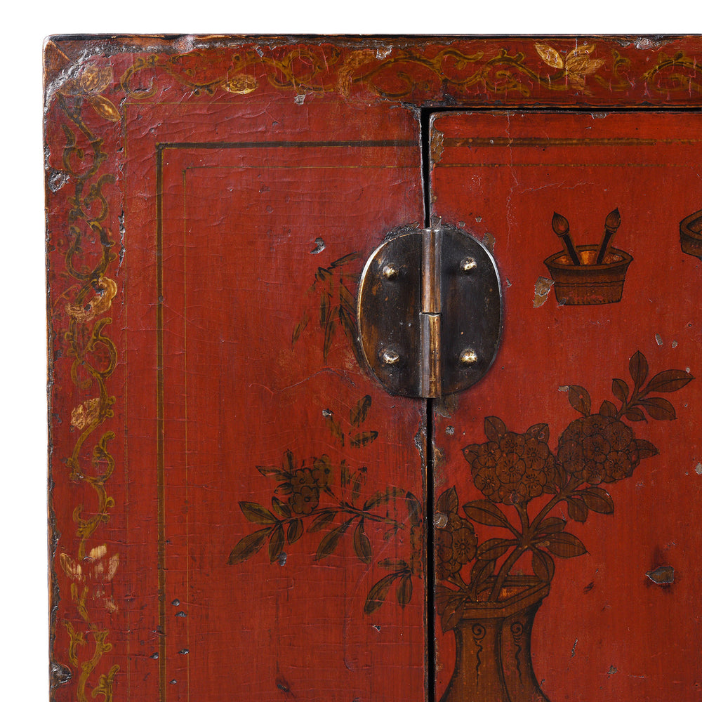 Corner Detail From Antique Chinese Red Lacquer Book Cabinet | Indigo Antiques