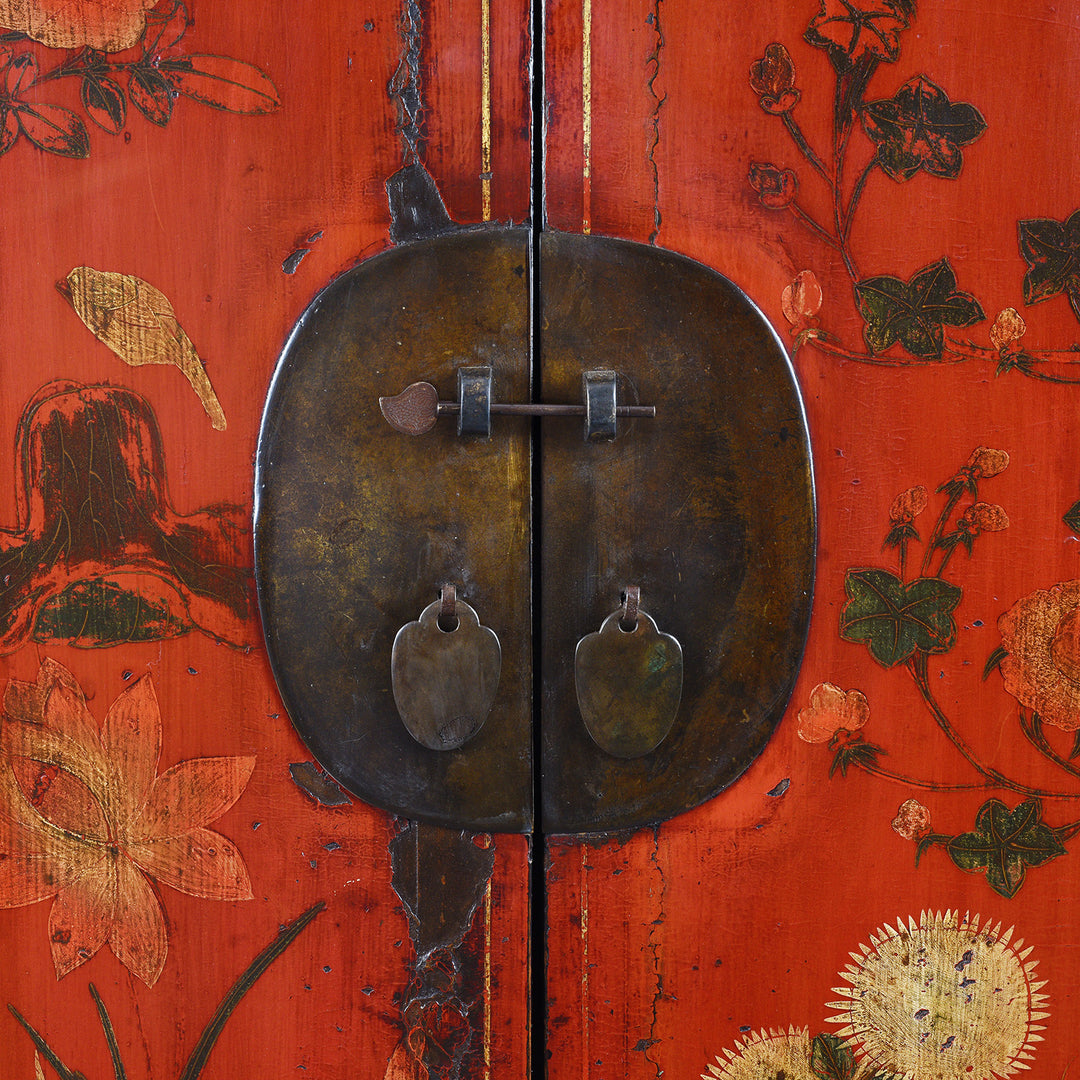 Locking Plate Detail From Antique Red Lacquer Wedding Cabinet From Shanxi | Indigo Antiques