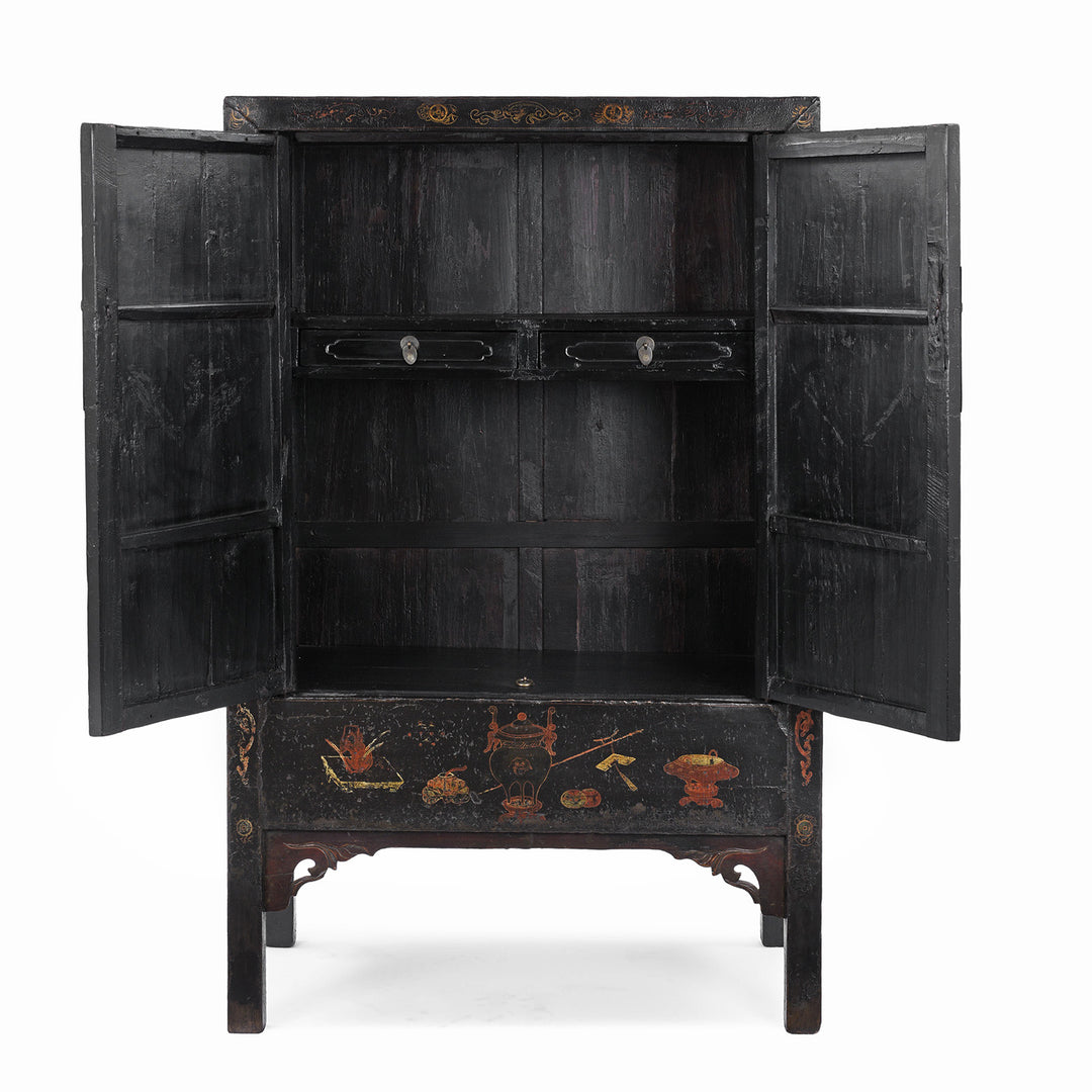 Open doors View Of Antique Red Lacquer Wedding Cabinet From Shanxi | Indigo Antiques