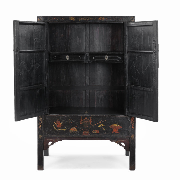 Open doors View Of Antique Red Lacquer Wedding Cabinet From Shanxi | Indigo Antiques