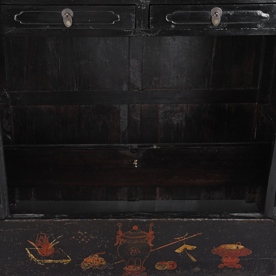 Open Panel View From Antique Red Lacquer Wedding Cabinet From Shanxi | Indigo Antiques