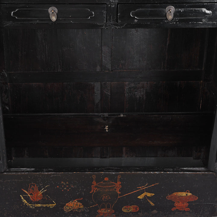 Open Panel View From Antique Red Lacquer Wedding Cabinet From Shanxi | Indigo Antiques