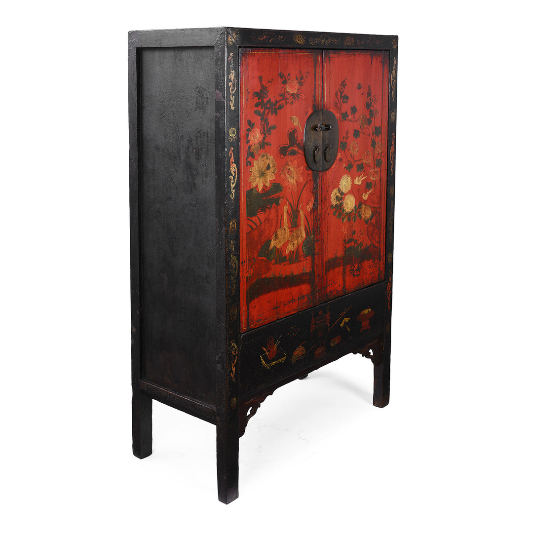Angled View Of Antique Red Lacquer Wedding Cabinet From Shanxi | Indigo Antiques