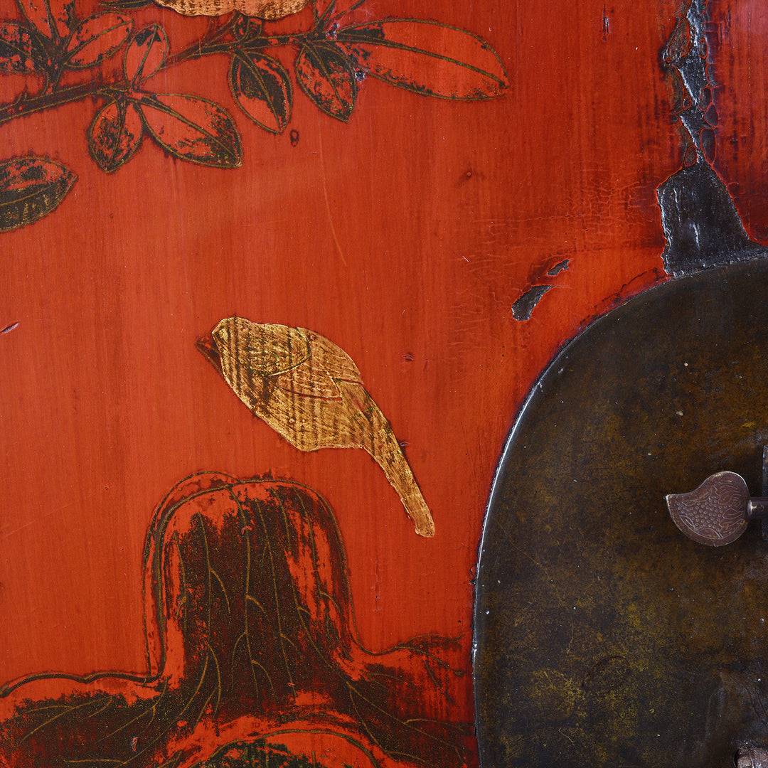 Bird Detail From Antique Red Lacquer Wedding Cabinet From Shanxi | Indigo Antiques