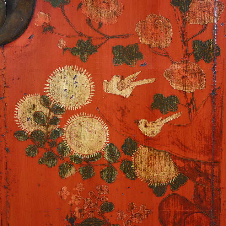 Bird And Flower Detail From Antique Red Lacquer Wedding Cabinet From Shanxi | Indigo Antiques