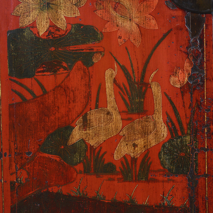 Fowl Detail From Antique Red Lacquer Wedding Cabinet From Shanxi | Indigo Antiques