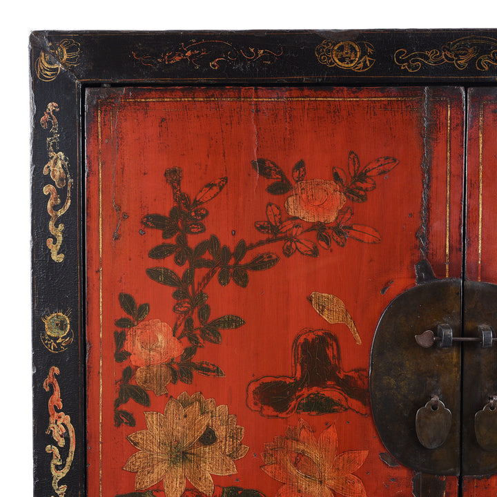 Corner Detail From Antique Red Lacquer Wedding Cabinet From Shanxi | Indigo Antiques