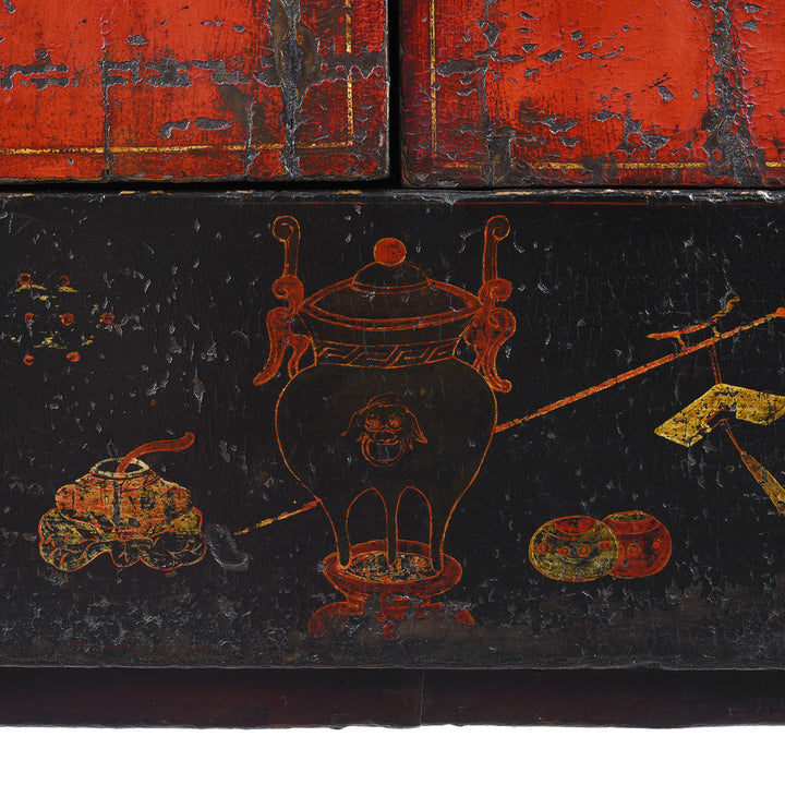 Paintwork Detail From Antique Red Lacquer Wedding Cabinet From Shanxi | Indigo Antiques