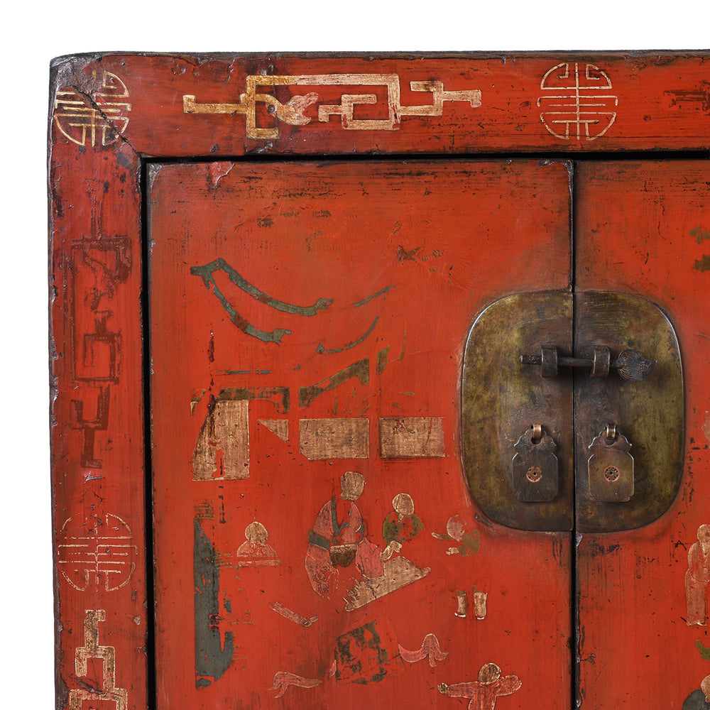 Corner Detail From Antique Chinese Red Lacquer Shanxi Sideboard | Indigo Antiques