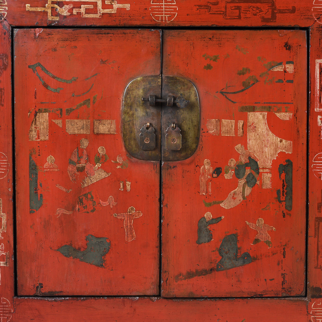 Door Detail From Antique Chinese Red Lacquer Shanxi Sideboard | Indigo Antiques