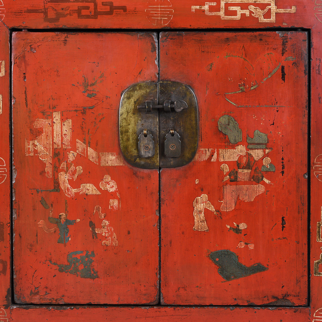 Door Detail From Antique Chinese Red Lacquer Shanxi Sideboard | Indigo Antiques