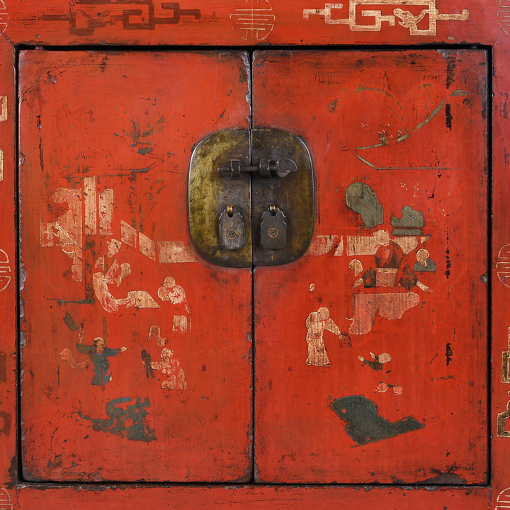 Door Detail From Antique Chinese Red Lacquer Shanxi Sideboard | Indigo Antiques