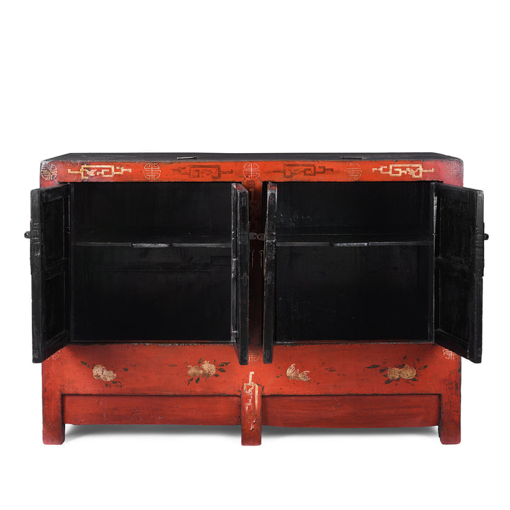 Open Doors VIew Of Antique Chinese Red Lacquer Shanxi Sideboard | Indigo Antiques