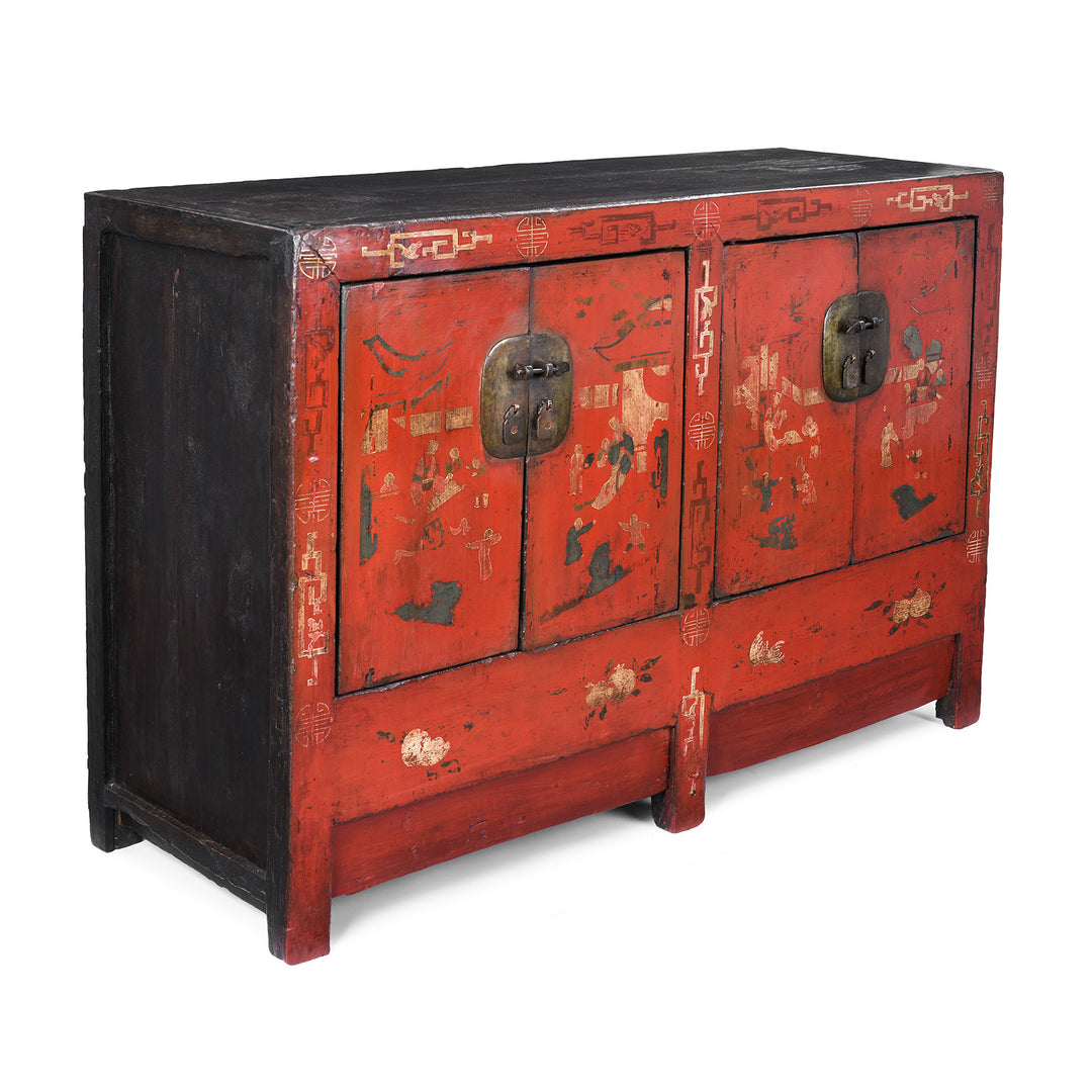Angled View Of Antique Chinese Red Lacquer Shanxi Sideboard | Indigo Antiques