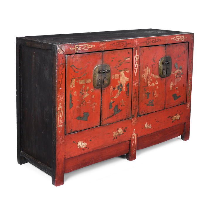 Angled View Of Antique Chinese Red Lacquer Shanxi Sideboard | Indigo Antiques