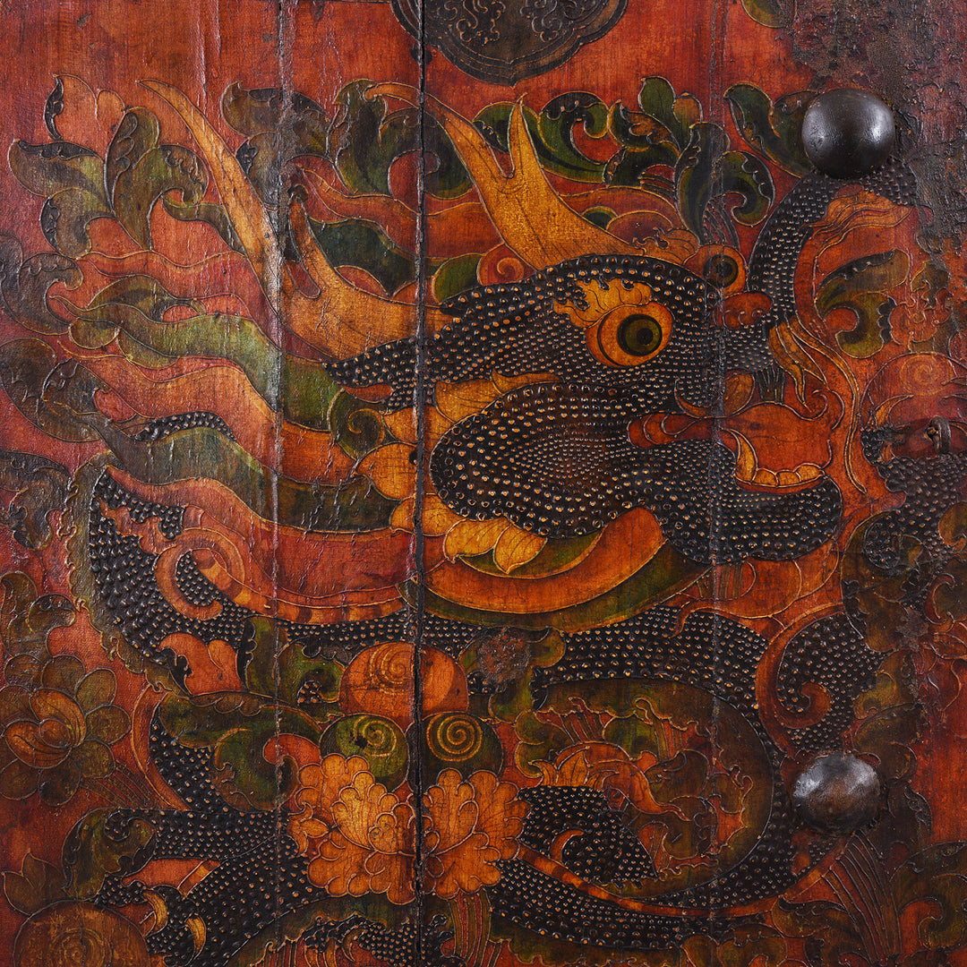 Dragon Detail From Left Side Vintage Tibetan Door With Dragons Painting | Indigo Antiques
