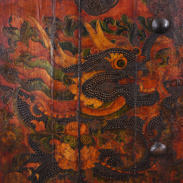 Dragon Detail From Left Side Vintage Tibetan Door With Dragons Painting | Indigo Antiques