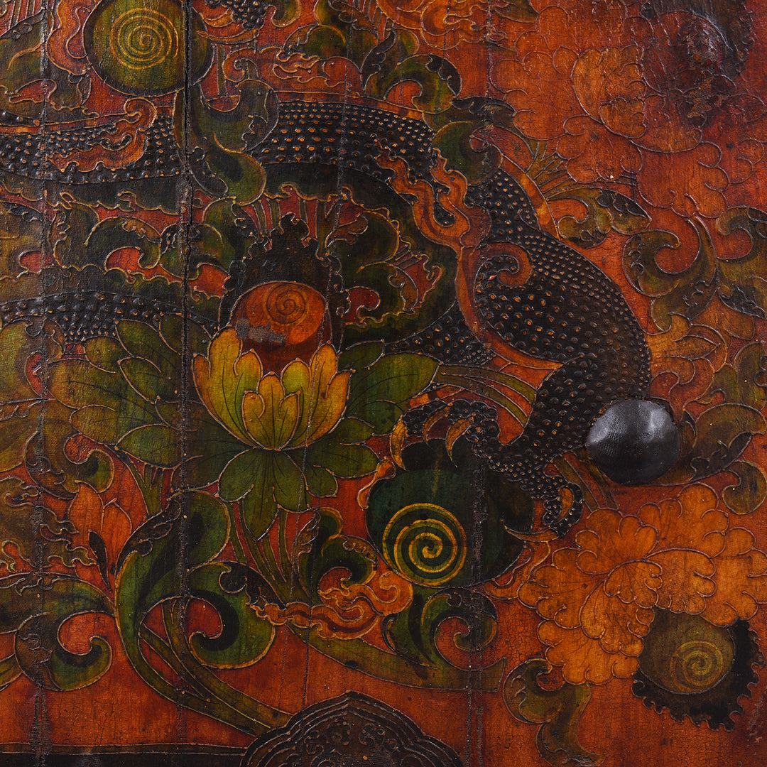 Dragon And Jewel Detail From Left Side Vintage Tibetan Door With Dragons Painting | Indigo Antiques