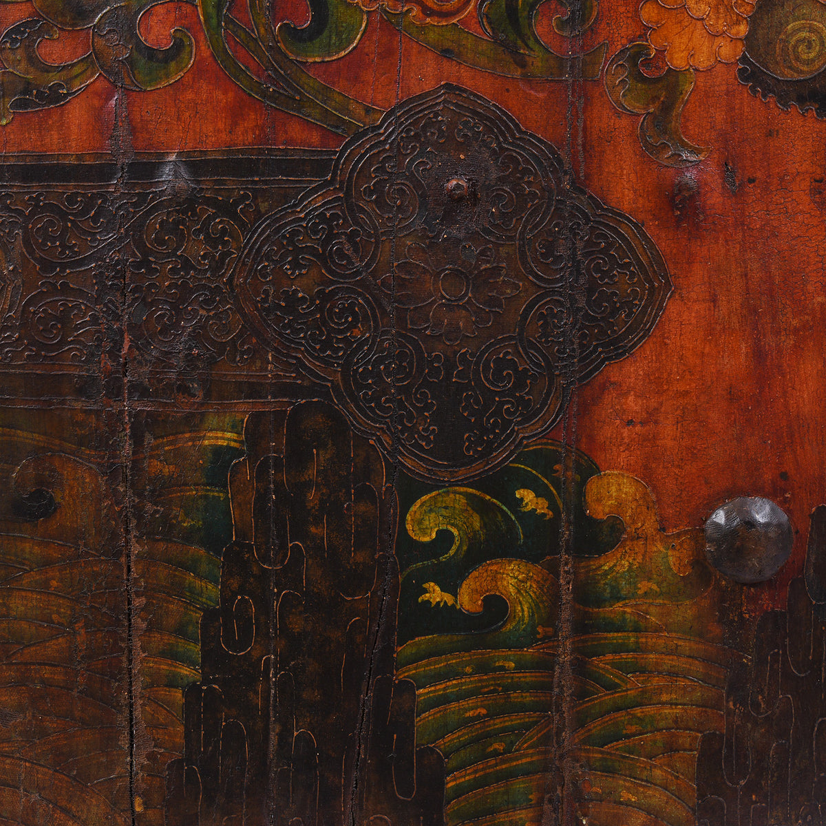 Swirlig Seas Detail From Left Side Vintage Tibetan Door With Dragons Painting | Indigo Antiques