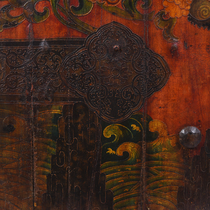 Swirlig Seas Detail From Left Side Vintage Tibetan Door With Dragons Painting | Indigo Antiques