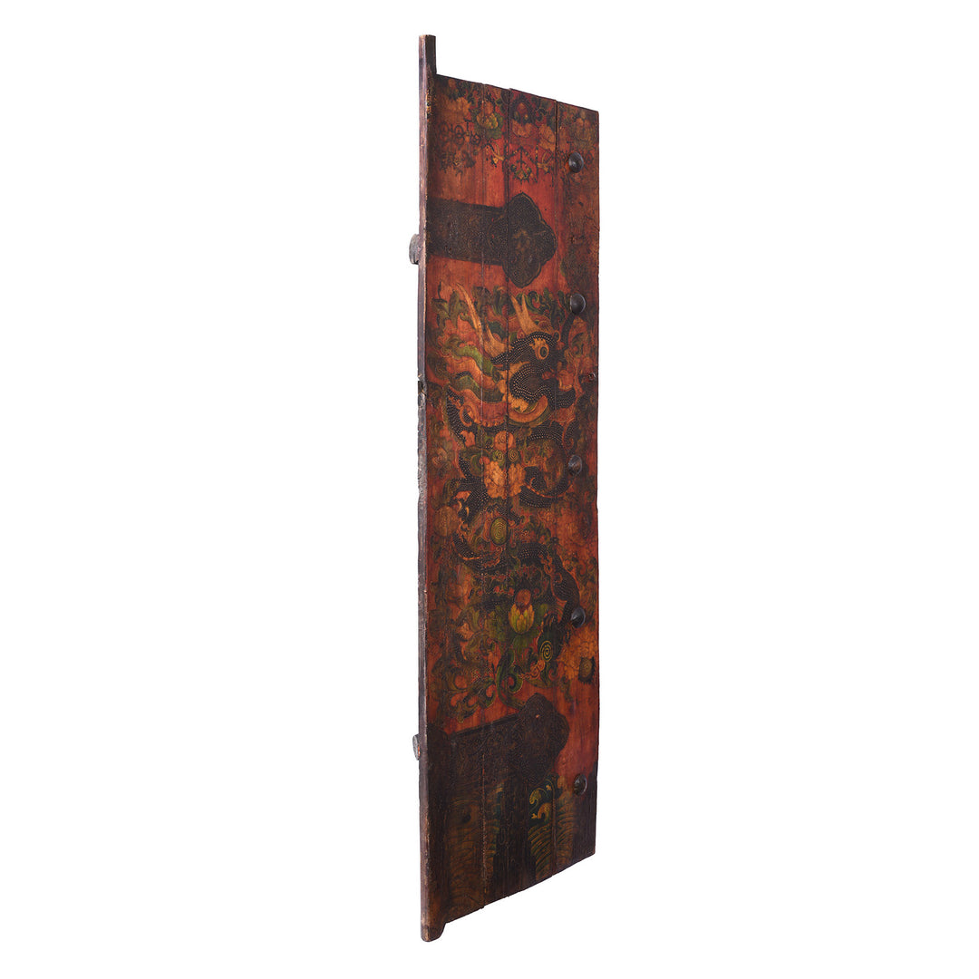 Angled VIew Of Left Side Vintage Tibetan Door With Dragons Painting | Indigo Antiques