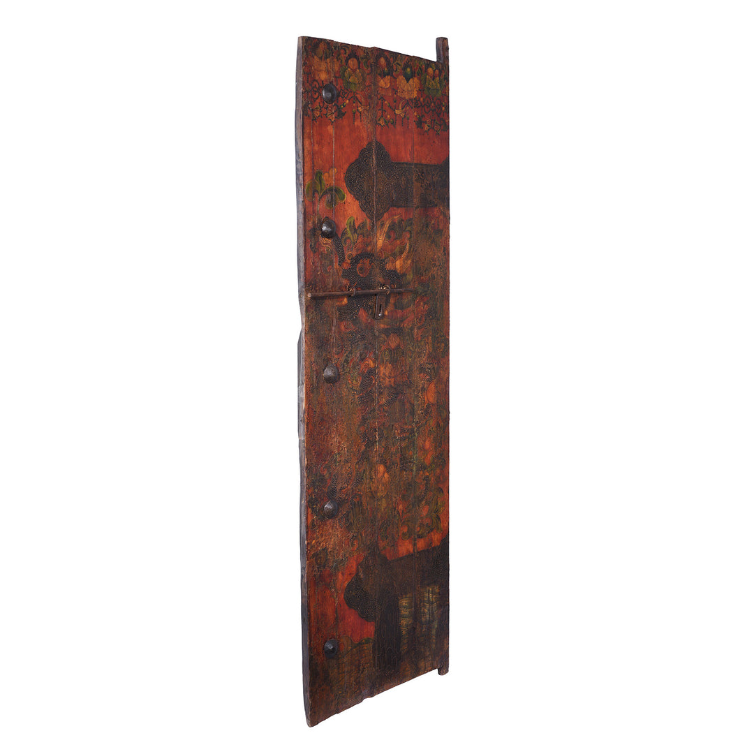Angled View Of Vintage Tibetan Door With Dragon Painting | Indigo Antiques