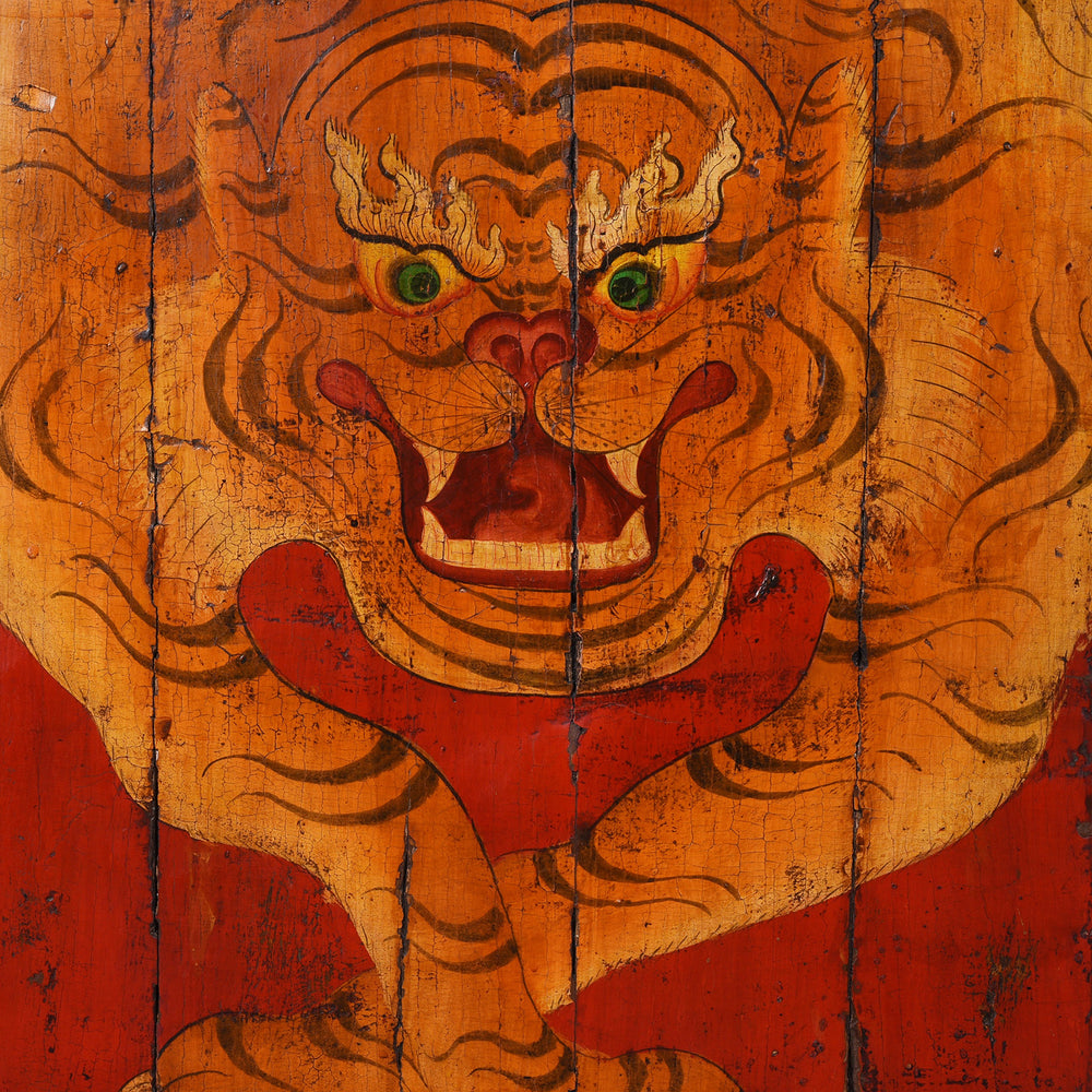 Tiger Face Detail From Tibetan Tiger Painted Door | INDIGO ANTIQUES