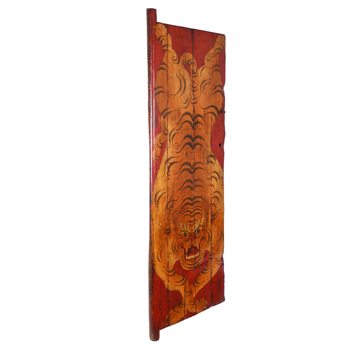 Angled View Of Tibetan Tiger Painted Door | INDIGO ANTIQUES