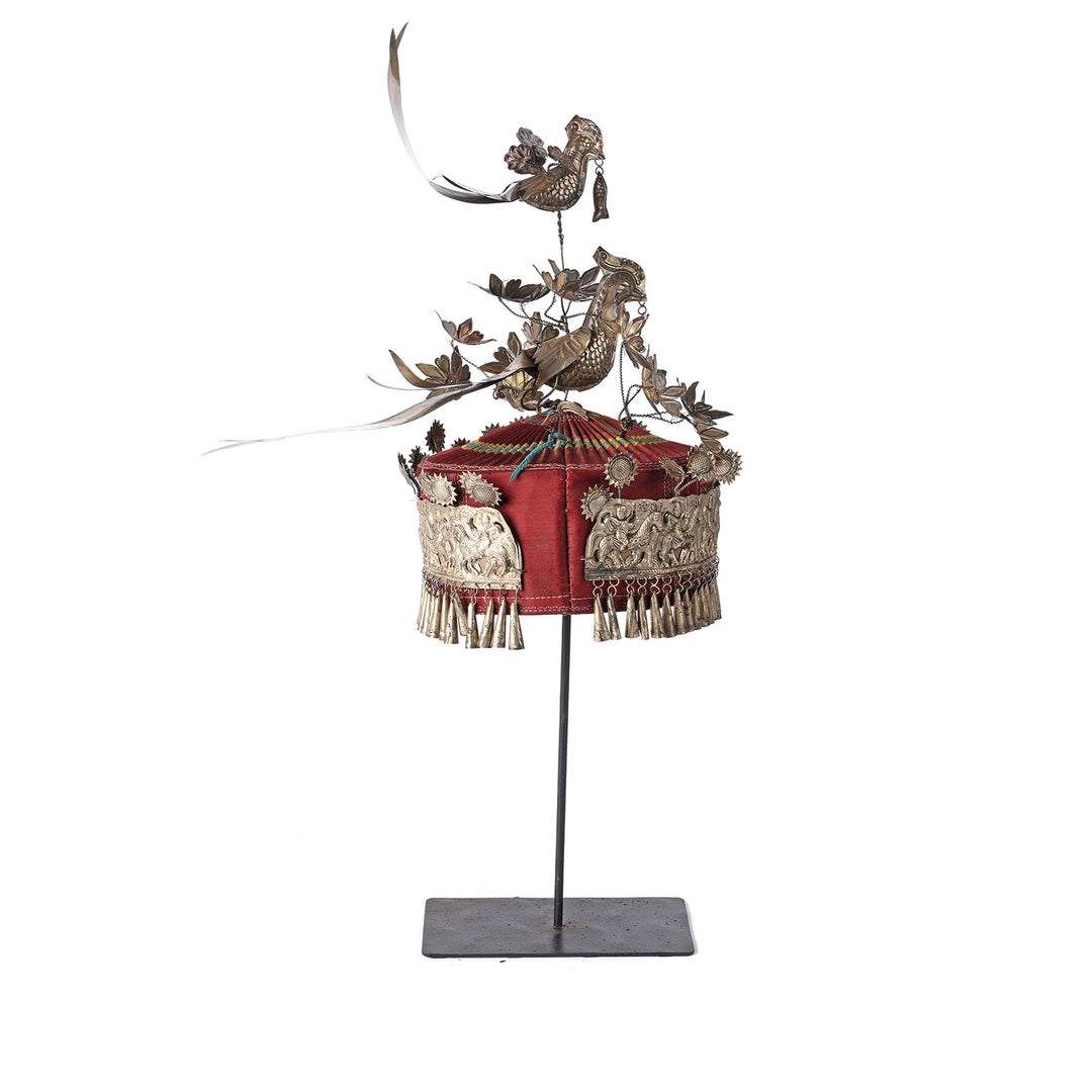 Back Of Miao Tribal Hat From Guizhou Province - On iron Stand | Indigo Antiques