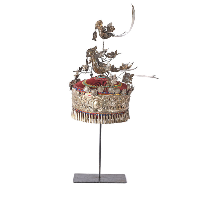 Miao Tribal Hat From Guizhou Province - On iron Stand | Indigo Antiques