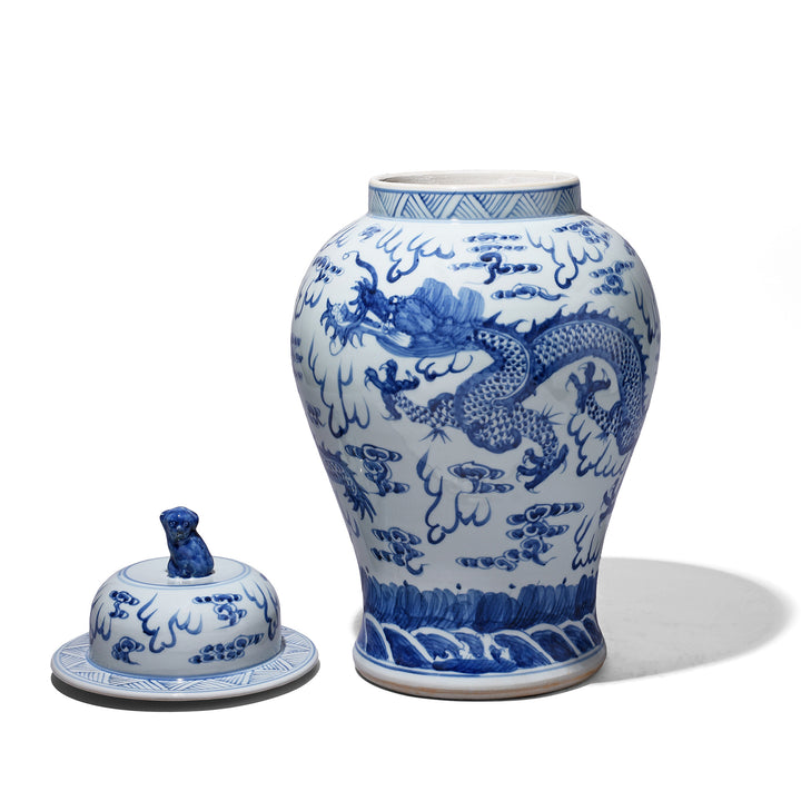 Reverse Of Small Blue And White Dragon Temple Jar | Indigo Antiques
