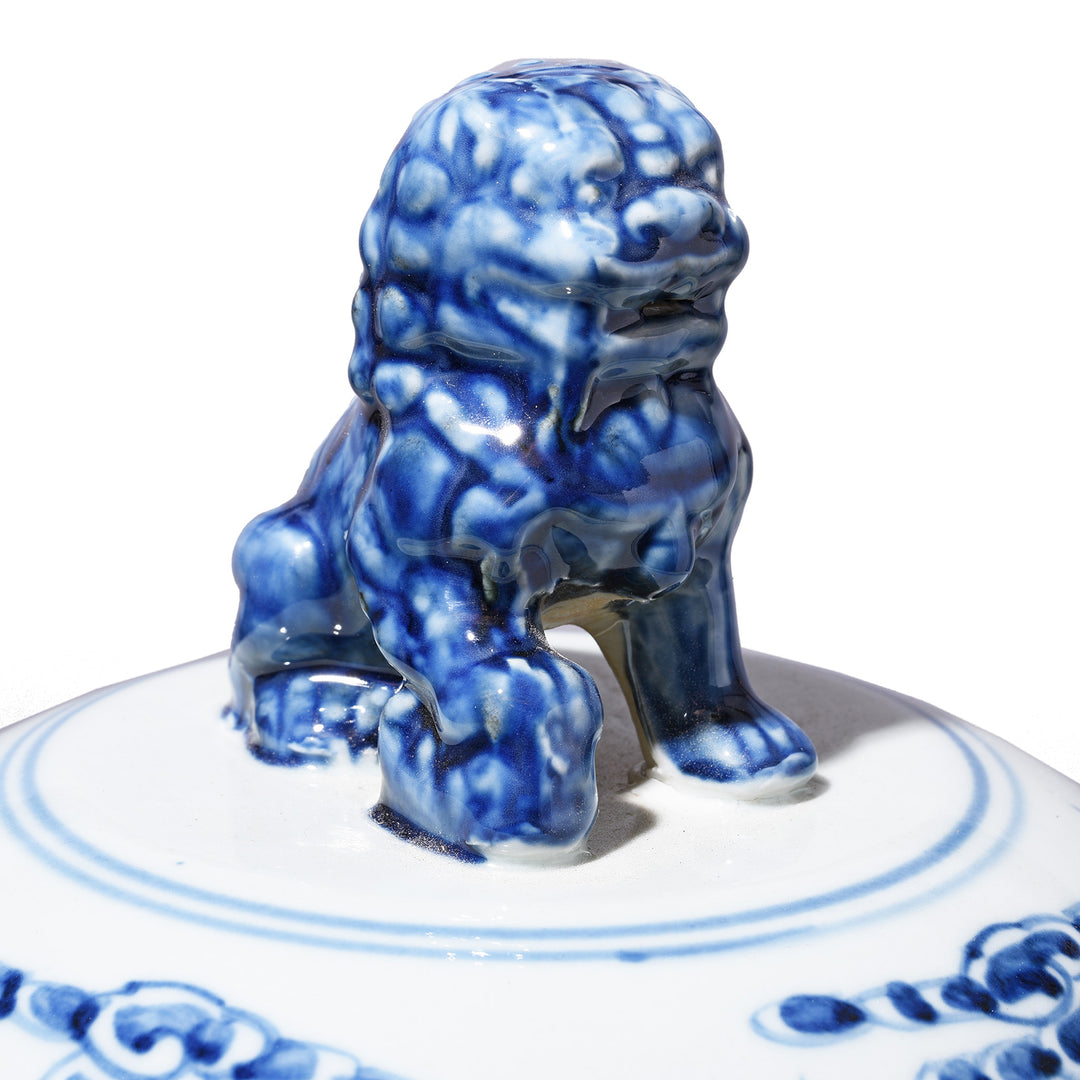 Lion On lid Detail From Blue And White Dragon Temple Jar | Indigo Antiques