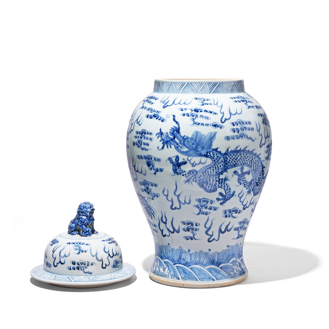 Lid Off Reverse View Of Blue And White Dragon Temple Jar | Indigo Antiques
