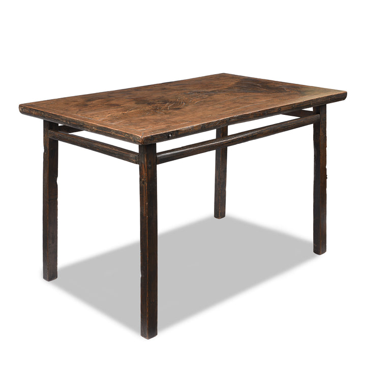 Angled View Of Antique Elm Kitchen Dining Table - One Piece Top | Indigo Antiques