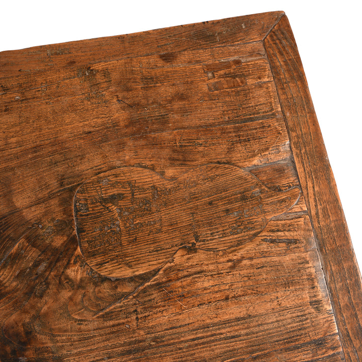 Double Gourd Detail From Antique Elm Kitchen Dining Table - One Piece Top | Indigo Antiques