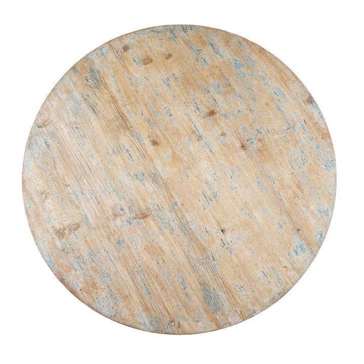 Top Down View Of Round Pedestal Dining Table In Light Blue Distressed Finish Made From Painted Pine Reclaimed From Historic Chinese Buildings