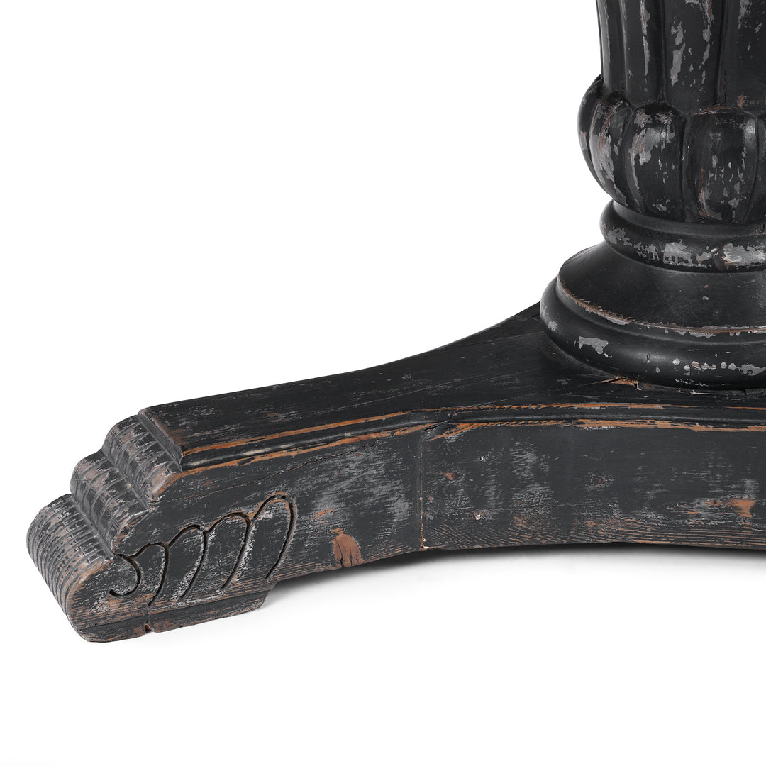 Base Detail From Round Pedestal Dining Table With Reclaimed Pine Top And Distressed Black Painted Base