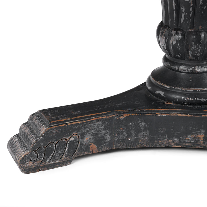 Base Detail From Round Pedestal Dining Table With Reclaimed Pine Top And Distressed Black Painted Base