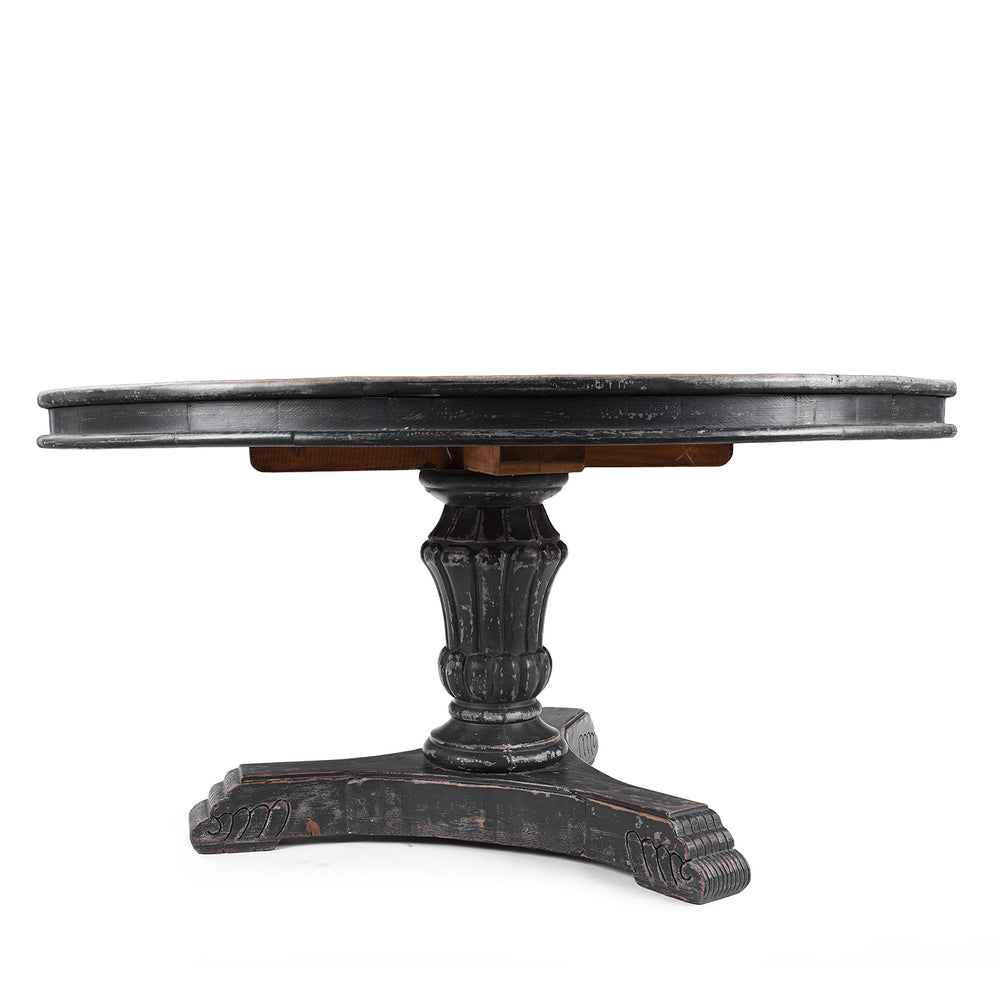 Round Pedestal Dining Table With Reclaimed Pine Top And Distressed Black Painted Base