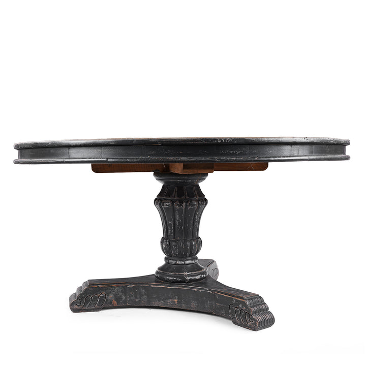 Round Pedestal Dining Table With Reclaimed Pine Top And Distressed Black Painted Base
