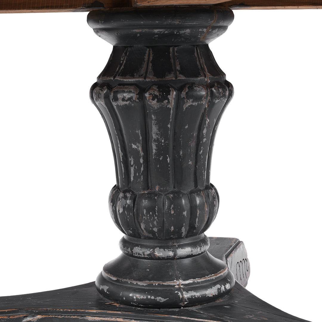 Central Pillar Detail From Round Pedestal Dining Table With Reclaimed Pine Top And Distressed Black Painted Base
