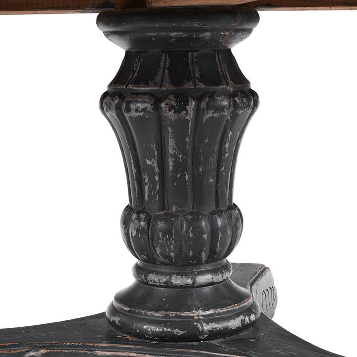 Central Pillar Detail From Round Pedestal Dining Table With Reclaimed Pine Top And Distressed Black Painted Base
