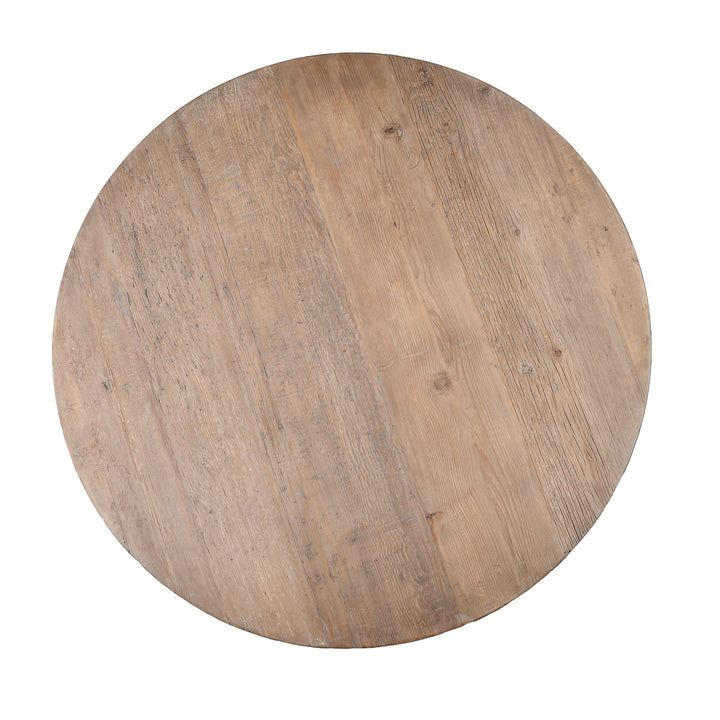 Top Down View Of Round Pedestal Dining Table With Reclaimed Pine Top And Distressed Black Painted Base
