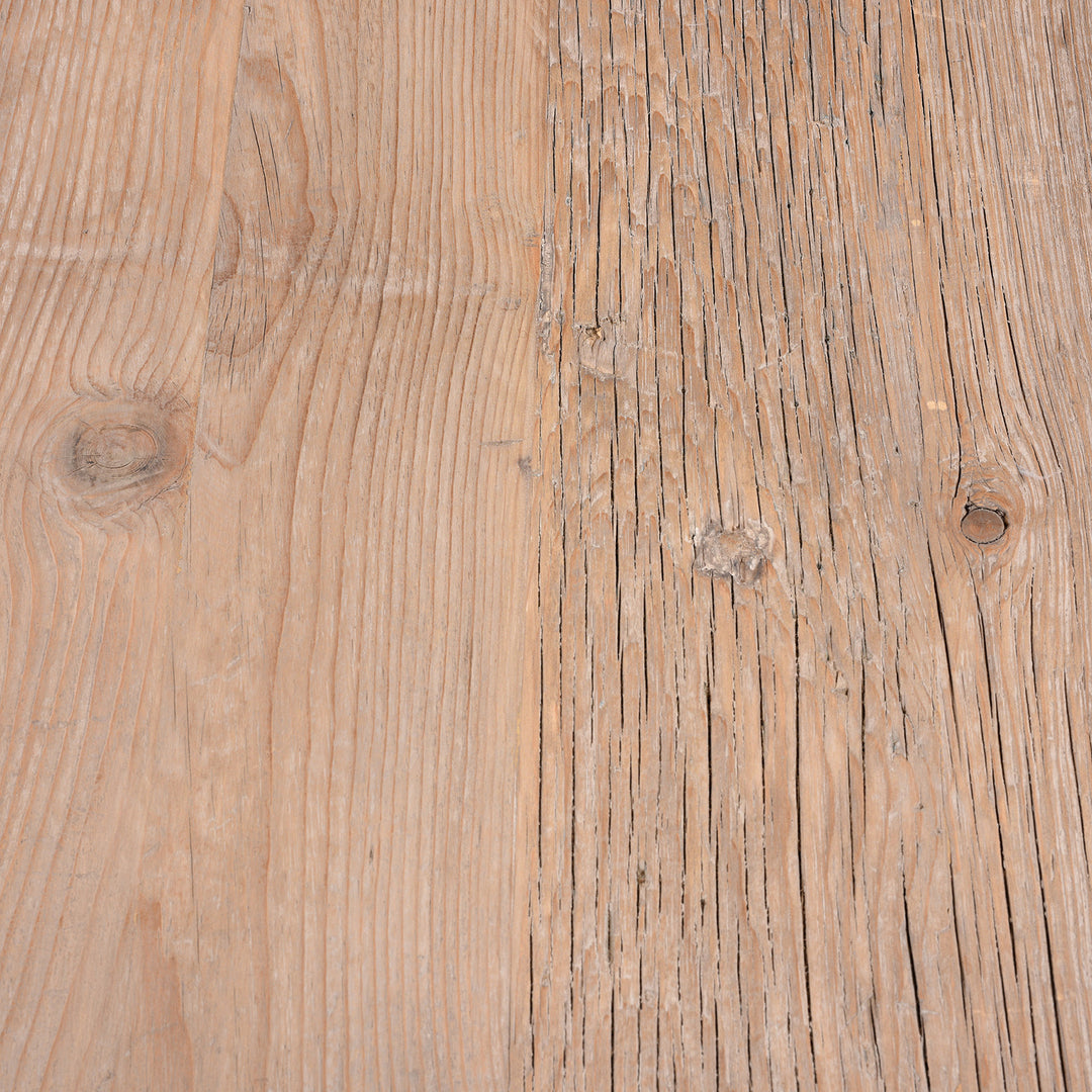 Surface Detail From Round Pedestal Dining Table With Reclaimed Pine Top And Distressed Black Painted Base
