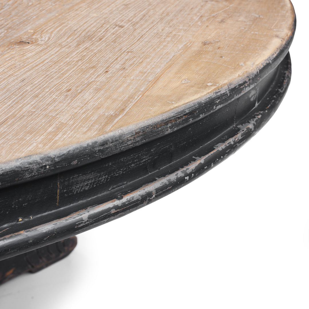 Rim Detail From Round Pedestal Dining Table With Reclaimed Pine Top And Distressed Black Painted Base