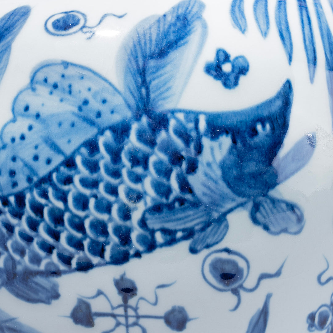 Fish Design Detail From Fish & Pond Ginger Jar Lamp – Hand Painted Porcelain | Indigo Antiques